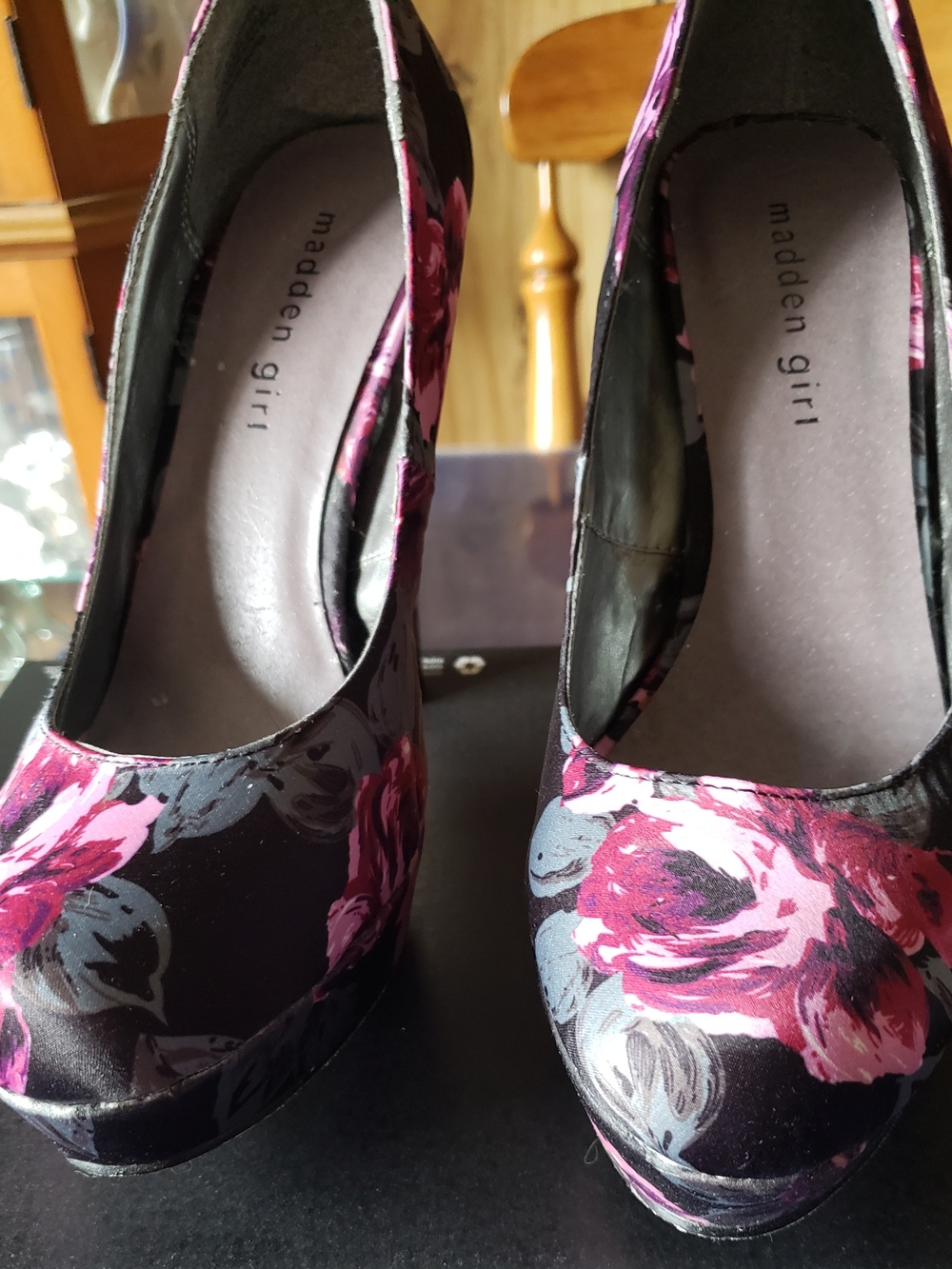Madden Girl Black Floral Platform Heels with Pink Roses
